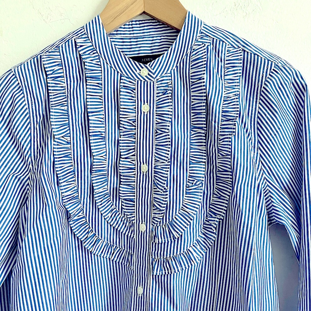 NWT J Crew Navy Blue White Pinstripe Ruffle Button Down Preppy Business Shirt